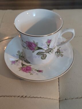 Porcelain Tea Cup & Saucer with Pink Rose Pattern